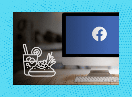 The facebook logo on a computer screen to the right, with a graphic of a hamburger and a drink on the left side.