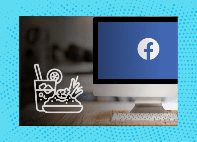 The facebook logo on a computer screen to the right, with a graphic of a hamburger and a drink on the left side.