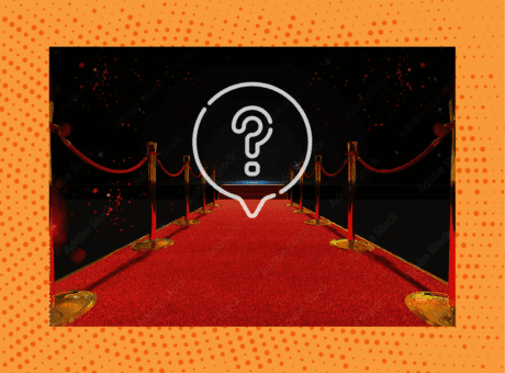 A thought bubble with a question mark is on the red carpet.